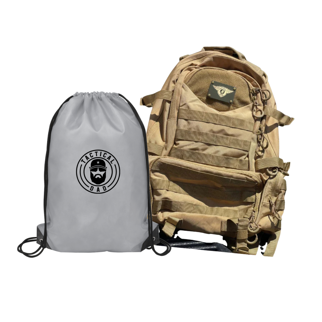 Khaki Tactical Dad Backpack w/ 4 Removable Patches and Tactical Dad La