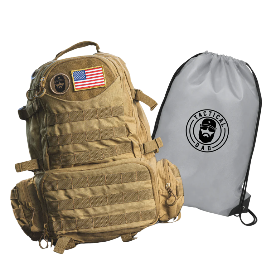 Khaki Tactical Dad Daypack w/ 4 Removable Patches and Tactical Dad Diaper/Laundry Bag